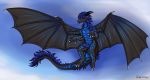  2019 blue_eyes blue_penis blue_scales claws digital_media_(artwork) dragon feral flying fur hair hi_res horn in_sky katruna94 male membranous_wings penis relaxing scales scalie simple_background smile solo tongue wings xylex 