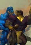  anthro balls big_penis bottomless clothed clothing dinosaur duo goroguro half-erect hi_res humanoid_penis male male/male meat muscular muscular_male penis reptile scalie standing tight_clothing uncut 