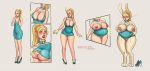  2018 animal_humanoid arzarin barefoot big_breasts blonde_hair blush breast_expansion breasts buckteeth butt butt_expansion chest_tuft choker clothing comic dress female footwear grey_background hair hi_res high_heels human humanoid lagomorph lagomorph_humanoid long_hair mammal nipples open_mouth ponytail pussy pussy_juice rabbit_humanoid shoes simple_background slightly_chubby smile solo standing surprise tail_growth teeth transformation tuft voluptuous weight_gain wide_hips 