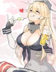  1girl alcohol beer blonde_hair breasts commentary_request cowboy_shot dango eating elbow_gloves eyes_closed fingerless_gloves food front-tie_top glass gloves hair_between_eyes headgear iowa_(kantai_collection) kantai_collection large_breasts miniskirt sitting skirt solo striped striped_legwear thighhighs tongue tongue_out vertical-striped_legwear vertical_stripes wagashi yamashiki_(orca_buteo) 