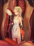  1girl apron blonde_hair blood blood_on_face blue_eyes butcher_knife expressionless female food highres long_hair meat mitake_eiru naked_apron original sausage solo 