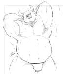  anthro belly black_and_white bovid bovine bulge cattle clothed clothing grin hands_behind_head horn male mammal monochrome musclegut muscular muscular_male navel overweight overweight_male pukkunnnn simple_background smile solo sweat thick_thighs thong topless white_background 