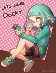  1girl bike_shorts domino_mask english_text female food highres inkling kiitos mask nintendo pocky shoes sneakers solo splatoon tentacle_hair twitter_username yellow_eyes 