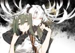  2girls abyssal_crane_hime commentary_request detached_sleeves gloves green_eyes green_hair hair_between_eyes hair_ribbon hand_holding hand_on_another&#039;s_chin horns japanese_clothes kantai_collection long_hair multiple_girls muneate nello_(luminous_darkness) red_eyes ribbon smile twintails white_hair white_ribbon zuikaku_(kantai_collection) 