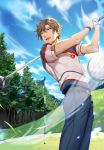  1boy :d ball belt blue_sky brown_eyes brown_hair day ddaomphyo error flag glint gloves golf golf_ball golf_club grass highres male_focus official_art open_mouth outdoors pants shirt short_sleeves single_glove sky smile t-shirt tree white_gloves wristband 