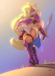  anthro bandicoot big_breasts bigdad breasts clothed clothing crash_bandicoot_(series) curvaceous female huge_breasts looking_at_viewer makeup mammal marsupial melee_weapon skimpy smile solo standing sword tawna_bandicoot thick_thighs video_games weapon 