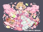  1girl animal animal_on_head bangs bird bird_on_hand blonde_hair blue_eyes blunt_bangs bow cherry_blossoms company_name crown dango dress dress_bow eyebrows_visible_through_hair flower food frills full_body grey_background hair_flower hair_ornament hanami hand_up long_sleeves looking_at_viewer maasa monster_master_x obentou official_art on_head pink_bow pink_dress puffy_sleeves short_hair sitting solo squirrel star wagashi 