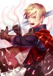  1boy artist_name belt blonde_hair blue_eyes brown_eyes brown_gloves cape dated dylan_the_island_king ethan_the_exiled_hero gloves holding holding_sword holding_weapon male_focus mizuki_apple open_mouth pixiv_fantasia pixiv_fantasia_last_saga red_cape shouting solo sword weapon white_background 