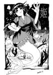  1girl blackcat_(pixiv) blobfish crossover dated dot_nose drill_hair fish greyscale head_fins holding_fish japanese_clothes kimono looking_at_viewer mermaid monochrome monster_girl patrick_star ringlets short_sleeves smile spongebob_squarepants spongebob_squarepants_(character) touhou underwater wakasagihime wide_sleeves 