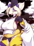  anthro big_breasts blonde_hair breasts canid canine clothed clothing cloud fox fullbokko_heroes fur hair half-closed_eyes kemono looking_at_viewer mammal multicolored_fur open_mouth pink_eyes purple_fur side_boob smile solo unknown_artist yellow_fur 