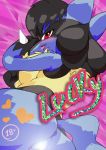  absurd_res anthro anus big_breasts blue_fur blush breasts butt canid canine digital_media_(artwork) female fur hair hi_res lucario mammal moisty nintendo nude open_mouth pok&eacute;mon pok&eacute;mon_(species) pussy red_eyes solo text video_games 