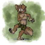  barefoot boxer_briefs canid canine canis clothed clothing domestic_dog green_underwear hi_res male mammal matt_riskely solo tinydeerguy topless underwear 