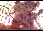  2girls arm_hug bat_wings blonde_hair blouse blue_eyes breasts brooch crystal eyes_closed flandre_scarlet hat hat_ribbon head_on_another&#039;s_shoulder jewelry letterboxed looking_at_another mob_cap multiple_girls nail_polish open_mouth petals pink_blouse pink_headwear pink_skirt piyo_(sqn2idm751) puffy_short_sleeves puffy_sleeves red_hair red_nails red_skirt red_vest remilia_scarlet ribbon shadow shiny shiny_hair shirt short_hair short_sleeves siblings side_ponytail simple_background sisters skirt small_breasts touhou upper_body upper_teeth vest white_background white_headwear white_shirt wings wrist_cuffs 
