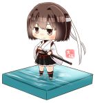  1girl artist_name black_legwear black_skirt blush brown_eyes brown_hair chibi closed_mouth faux_figurine full_body hachimaki hand_on_hilt headband hyuuga_(kantai_collection) japanese_clothes kantai_collection katana kneehighs nontraditional_miko pleated_skirt remodel_(kantai_collection) ribbon-trimmed_sleeves ribbon_trim sheath short_hair simple_background skirt smile solo sword taisa_(kari) undershirt weapon white_background white_headband 