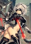  1girl ass bared_teeth black_blindfold black_dress black_gloves black_hairband blindfold boots breasts commentary covered_eyes dress drone english_commentary feather-trimmed_sleeves gloves hairband katana laser leather leather_boots long_sleeves medium_breasts mole mole_under_mouth nier_(series) nier_automata no_panties pod_(nier_automata) short_hair silver_hair solo sword tearing_clothes tentacle thigh_boots thighhighs thighhighs_under_boots thighs torn_clothes torn_legwear typo_(requiemdusk) virtuous_contract weapon yorha_no._2_type_b 