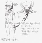  1girl blush collar female_soldier gogocherry helmet highres leash mask military military_uniform monochrome muzzle short_hair slave text_focus translation_request uniform 