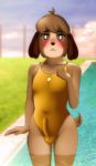  2019 absurd_res animal_crossing anthro biped black_nose blush brown_fur buffbumblebee bulge canid canine canis clothed clothing crossdressing digby_(animal_crossing) digital_drawing_(artwork) digital_media_(artwork) domestic_dog erection eyebrows eyelashes front_view fur girly hair hi_res looking_at_viewer looking_back male mammal multicolored_fur nintendo one-piece_swimsuit one_eye_closed outside partially_submerged penis_outline shih_tzu solo sport_swimsuit standing swimsuit tan_fur tight_clothing tongue video_games water 