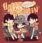  3girls :d akb48 bangs black_footwear black_hair black_robe black_skirt blush cake chair chibi clenched_hand food glasses grey_legwear halloween happy_halloween harry_potter hat hogwarts_school_uniform holding holding_wand jack-o&#039;-lantern katou_rena kizaki_yuria long_hair mole_above_mouth multiple_girls ooshima_ryouka open_mouth real_life red_scarf round_eyewear scarf school_uniform shoes sitting skirt smile solid_circle_eyes sparkle squatting standing striped striped_scarf table taneda_yuuta v-shaped_eyebrows wand window witch_hat yellow_scarf 