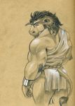  2019 back_muscles bangle beard biceps bovid bovine butt clothed clothing facial_hair hair hi_res horn jewelry looking_back male mammal monochrome muscular muscular_male quads rope tail_tuft toga triceps tuft tush 