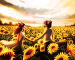  canid canine canis day duo eyes_closed eyewear female field flower fluffy fluffy_tail glasses hand_holding hi_res inner_ear_fluff male mammal outside plant smile sunflower tatujapa wolf 