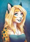  2019 blue_eyes blue_nose blue_tongue breasts clothed clothing digital_media_(artwork) felid feline female fur goldendruid mammal open_mouth serval smile solo spots spotted_fur teeth tongue 
