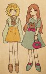  2girls animal_head aqua_dress aqua_footwear bangs blonde_hair bow brown_eyes brown_footwear brown_hair collared_shirt dress expressionless eyebrows_visible_through_hair full_body green_eyes highres holding multiple_girls original red_bow sakura_szm shirt shoes short_hair short_sleeves sleeves_past_fingers sleeves_past_wrists socks standing strap_slip white_legwear yellow_bow 