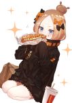  1girl :i abigail_williams_(fate/grand_order) absurdres bag bangs black_bow black_jacket blonde_hair blue_eyes blush bow brand_name_imitation crossed_bandaids cup disposable_cup drinking_straw dutch_angle eating fast_food fate/grand_order fate_(series) food food_on_face hair_bow hair_bun hands_up heroic_spirit_traveling_outfit highres holding holding_food jacket long_hair long_sleeves mcdonald&#039;s orange_bow otoufu_(gotouhu) paper_bag parted_bangs seiza simple_background sitting sleeves_past_fingers sleeves_past_wrists solo star v-shaped_eyebrows white_background 