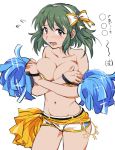  1girl alternate_skin_color bangs bare_shoulders blush bow breasts collarbone covering covering_breasts cowboy_shot eyebrows_visible_through_hair flying_sweatdrops furrowed_eyebrows green_hair groin hair_between_eyes hairband idolmaster idolmaster_cinderella_girls kakitsubata_zero medium_breasts natalia_(idolmaster) navel open_mouth pom_poms purple_eyes short_hair short_shorts shorts simple_background solo star tears teeth wavy_mouth white_background white_hairband white_shorts 