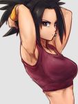  1girl armpits arms_up black_hair bracer breasts brown_eyes closed_mouth collarbone commentary_request dragon_ball dragon_ball_super earrings expressionless flat_color fusion grey_background jewelry kefla_(dragon_ball) looking_at_viewer medium_breasts potara_earrings red_shirt shirt solo spiked_hair st62svnexilf2p9 stomach tank_top toned 