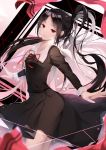  1girl black_dress black_hair collarbone commentary dress eyebrows_visible_through_hair hair_ribbon highres kaguya-sama_wa_kokurasetai_~tensai-tachi_no_renai_zunousen~ long_hair long_sleeves looking_at_viewer open_mouth red_eyes ribbon sailor_collar school_uniform shinomiya_kaguya sidelocks sleeve_cuffs smile solo spinning standing tamakinoki untied 