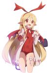  1girl absurdres bat_wings blonde_hair bow bowtie covered_navel demon_tail disgaea flonne flonne_(fallen_angel) hairband highres long_hair looking_at_viewer ohihil open_mouth red_bow red_eyes red_hairband red_wings simple_background smile solo tail tail_bow white_background white_bow wings 