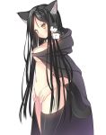  1girl animal_ear_fluff animal_ears bangs bell bell_collar black_cape black_hair black_legwear black_tail blush breasts cape cat cat_ears cat_tail cleavage collar collarbone commentary_request eyebrows_visible_through_hair hoshino_koucha long_hair naked_cape on_shoulder original parted_bangs simple_background single_thighhigh tail thighhighs white_background yellow_eyes 