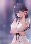  1girl bangs blush breast_hold breasts dress dripping eyebrows_visible_through_hair fate/stay_night fate_(series) hair_between_eyes hair_ribbon impossible_clothes impossible_dress inue_shinsuke large_breasts lips long_hair looking_at_viewer matou_sakura parted_lips purple_eyes purple_hair rain ribbon see-through short_sleeves side_ribbon solo wet wet_clothes wet_dress white_dress 