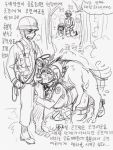  2boys 2girls bestiality blush clothed_sex collar dog doggystyle female_soldier from_behind gogocherry hetero highres interspecies leash military military_uniform monochrome multiple_boys multiple_girls oral sex short_hair slave text_focus translation_request uniform 
