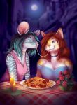  2019 anthro blue_eyes brown_hair clothed clothing digital_media_(artwork) domestic_cat duo felid feline felis female goldendruid hair mammal mouse rodent smile whiskers 