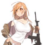  1girl ahoge assault_rifle bracelet breasts collarbone commentary_request dog_tags galil_(girls_frontline) girls_frontline gun holding holding_gun holding_weapon imi_galil jewelry juz long_hair orange_eyes orange_hair panties rifle shirt simple_background solo underwear weapon white_background white_panties white_shirt 