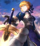  1girl armor armored_dress artoria_pendragon_(all) blonde_hair blue_dress blue_ribbon breastplate cloud dress excalibur fate/stay_night fate_(series) faulds from_below gauntlets green_eyes hair_ribbon herigaru_(fvgyvr000) highres long_sleeves outdoors ribbon saber short_hair solo standing 