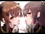  2girls bangs black_bow black_jacket bow brown_eyes brown_hair censored fellatio girls_frontline hair_bow hair_ornament hairclip highres jacket letterboxed licking light_censor long_hair long_sleeves looking_at_viewer multiple_fellatio multiple_girls open_mouth oral penis ramchi red_eyes sweat teamwork tongue tongue_out twintails ump45_(girls_frontline) ump9_(girls_frontline) upper_body 