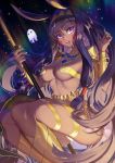  1girl absurdres animal_ears arm_guards armlet ass bangs bare_shoulders belly_chain blunt_bangs blush boots bracelet breasts capitan_wei chains dark_skin earrings egyptian egyptian_clothes facepaint facial_mark fate/grand_order fate_(series) hair_between_eyes hair_tubes hairband highres hoop_earrings jackal_ears jewelry knee_boots long_hair looking_at_viewer medium_breasts medjed nail_polish night night_sky nitocris_(fate/grand_order) open_mouth pauldrons purple_eyes purple_hair revealing_clothes sidelocks sky sparkle staff thighlet thighs usekh_collar very_long_hair 