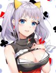  1girl :d al_(ahr) blue_eyes blush breasts cleavage cleavage_cutout kaguya_luna large_breasts looking_at_viewer obi open_mouth sash short_hair silver_hair sleeveless smile solo the_moon_studio twintails upper_body virtual_youtuber 