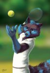  2019 5_fingers anthro ball black_fur blue_fur clothed clothing detailed_background digital_media_(artwork) fur goldendruid green_eyes holding_object male mammal procyonid raccoon solo tennis_ball tennis_racket 