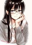  1girl black-framed_eyewear black_hair cardigan eyebrows_visible_through_hair glasses himawari-san himawari-san_(character) long_hair looking_at_viewer original purple_eyes shirt smile solo sugano_manami white_shirt 