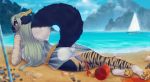  2019 absurd_res anthro beach breasts butt clothed clothing digital_media_(artwork) egyptian felid feline female fur hair hi_res horn humanoid looking_at_viewer mammal nefera outside pantherine paws sabertooth_(disambiguation) seaside smile solo tiger translucent water yoshi2332 