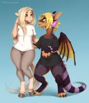  2019 4_toes anthro blonde_hair blue_background clothed clothing digital_media_(artwork) digitigrade dragon duo equid equine female green_tongue hair hi_res hooves horse kyotokisha15 mammal pony simple_background smile standing toes 