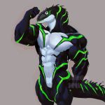  2019 abs anthro big_biceps big_muscles black_scales caindra carcharodontosaurid claws dinosaur featureless_crotch flexing giganotosaurus green_eyes green_scales half-length_portrait looking_at_viewer male muscular muscular_male nude pecs portrait reptile scales scalie simple_background sketch solo standing stripes theropod white_scales 