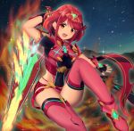  1girl armor bangs boots breasts covered_navel eyebrows_visible_through_hair fingerless_gloves fire gloves glowing hair_ornament headpiece highres homura_(xenoblade_2) nintendo pantyhose red_eyes red_hair red_shorts short_shorts shorts shoulder_armor sky sparkly sssemiii star_(sky) starry_sky swept_bangs sword tiara weapon xenoblade xenoblade_(series) xenoblade_2 