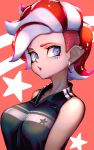  1girl bare_shoulders black_shirt blue_eyes breasts collarbone ear_piercing earrings facial_mark head_tilt highres hoop_earrings jewelry kashu_(hizake) looking_at_viewer medium_breasts monster_girl octarian octoling orange_background piercing pointy_ears red_hair shiny shiny_hair shirt short_hair sideways_glance sleeveless sleeveless_shirt solo splatoon splatoon_(series) splatoon_2 splatoon_2:_octo_expansion star starry_background suction_cups tentacle_hair undercut upper_body 