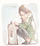  1girl bangs black_footwear black_pants blush breath brown_hair commentary_request earrings green_coat group_name hashimoto_nanami jewelry long_hair long_sleeves nogizaka46 pale_color pants real_life scarf shoes smile snowing solo squatting suitcase taneda_yuuta translation_request winter_clothes 