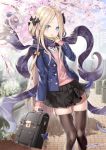  1girl abigail_williams_(fate/grand_order) alternate_costume artist_name bag bangs black_bow black_legwear black_skirt blonde_hair blue_jacket blush bow bug butterfly commentary_request fate/grand_order fate_(series) grey_scarf hair_ornament holding holding_bag insect jacket long_scarf long_sleeves looking_at_viewer outdoors parted_bangs red_ribbon ribbon scarf shirt skirt solo standing sweater_vest thighhighs tree tyone white_shirt 