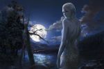  1girl absurdres bare_tree claymore cloud crossing dark_sky from_behind full_moon highres lamia looking_at_viewer looking_back monster_girl moon night ophelia parted_lips pointy_ears river rock scales solo topless tree water wet 